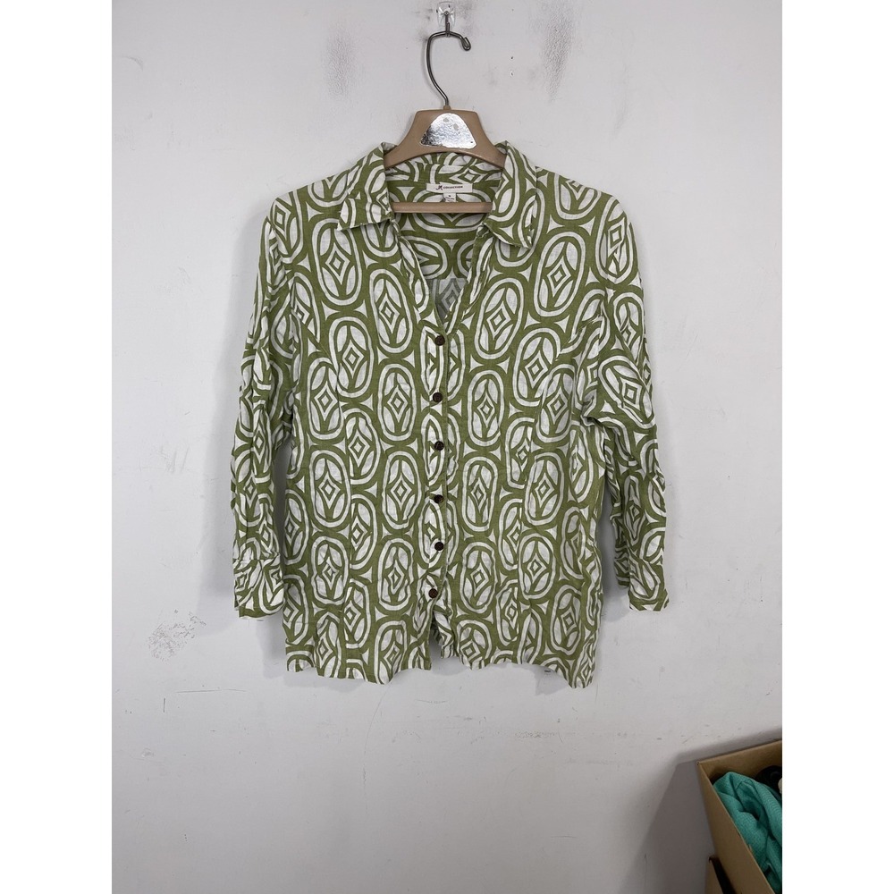 JM Collection Womens Size 16 100% Linen Green White Geometric Button Shirt